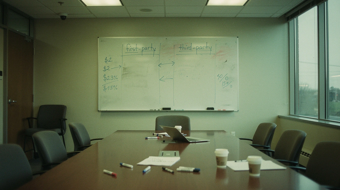 A Canadian boardroom whiteboard with two hand-drawn columns labelled first-party and third-party in blue marker with arrows and dollar figures