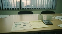 A Canadian boardroom table with a printed five-step framework laid out beside a yellow legal pad with handwritten notes a calculator and two empty coffee mugs