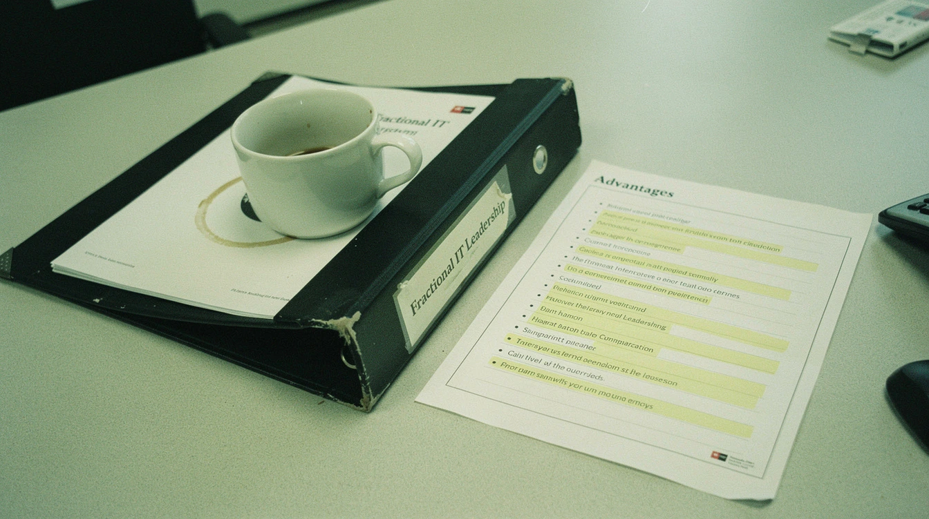 A binder labelled fractional IT leadership on a Canadian conference table beside a printed advantages list with rows highlighted in yellow