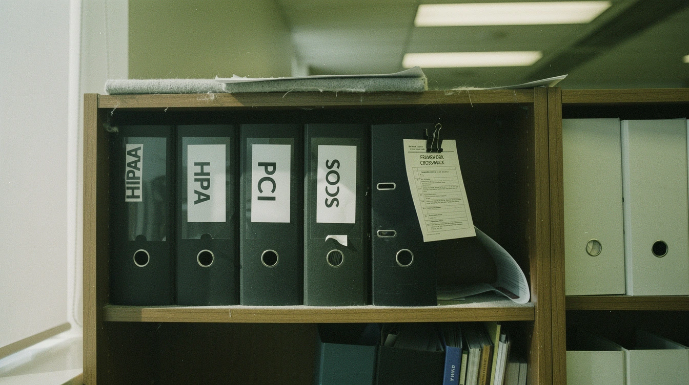 A Canadian office bookshelf with binders labelled HIPAA PCI SOC2 PHIPA along the spines and a printed framework crosswalk paper-clipped to one