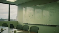 A Canadian boardroom whiteboard with a hand-drawn growth roadmap in blue marker showing client-impact milestones beyond revenue numbers