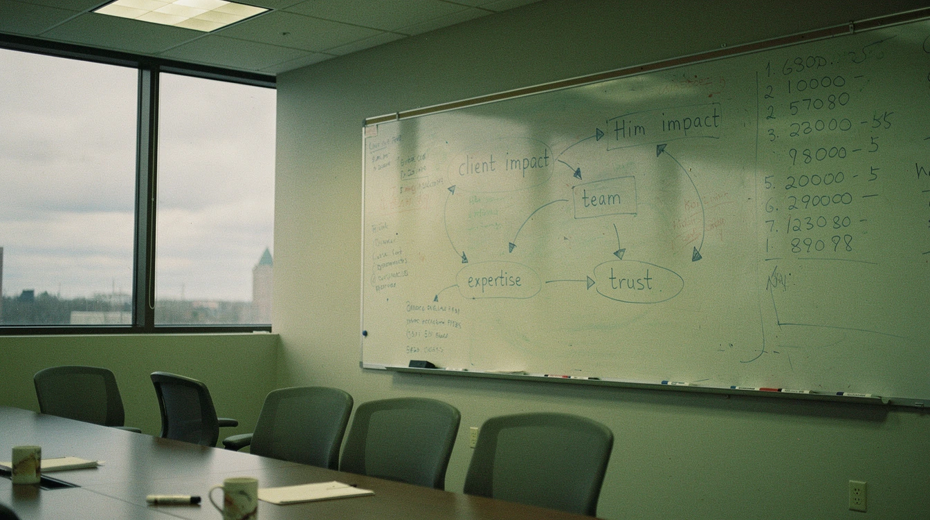 A Canadian boardroom whiteboard with a hand-drawn growth roadmap in blue marker showing client-impact milestones beyond revenue numbers