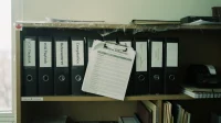 A Canadian office bookshelf with binders labelled vCIO playbook reference architecture compliance along the spines and a printed crosswalk paper-clipped