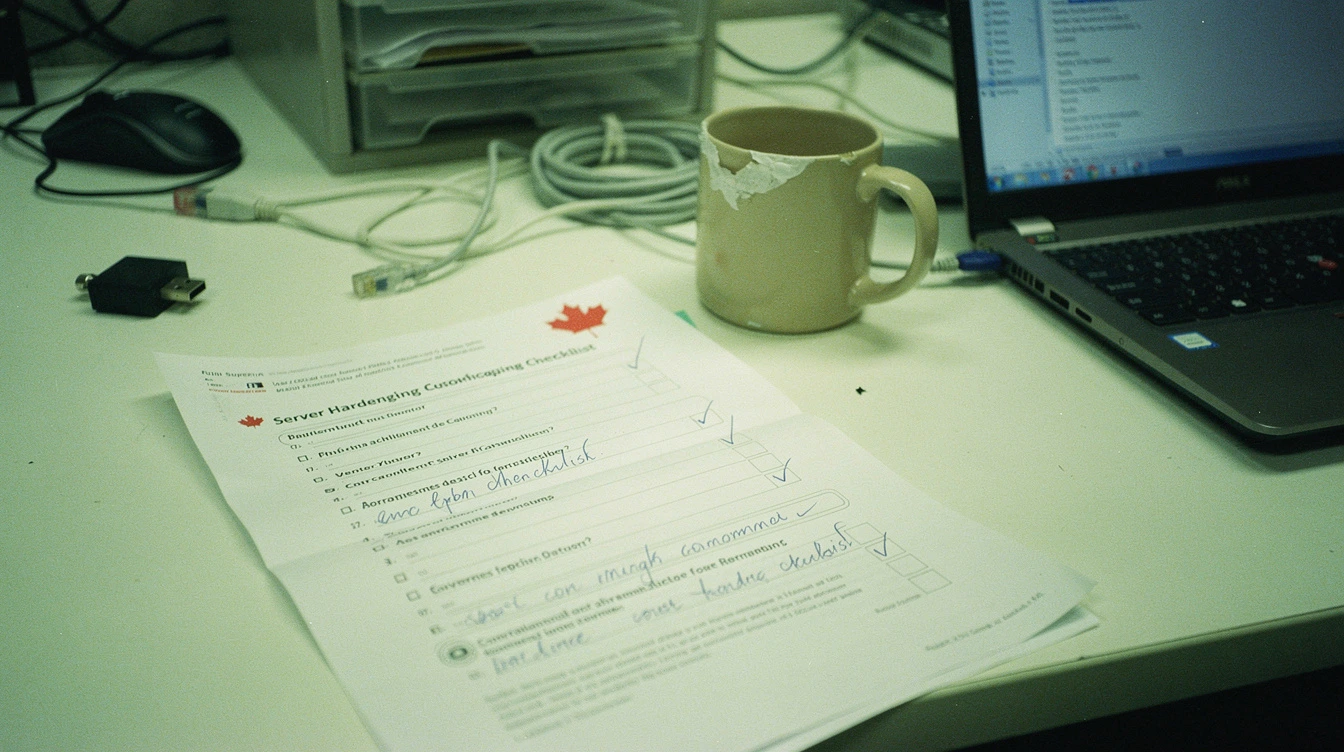 A printed server hardening checklist on a Canadian IT-office workbench beside a laptop angled away showing a non-readable terminal and a coffee mug