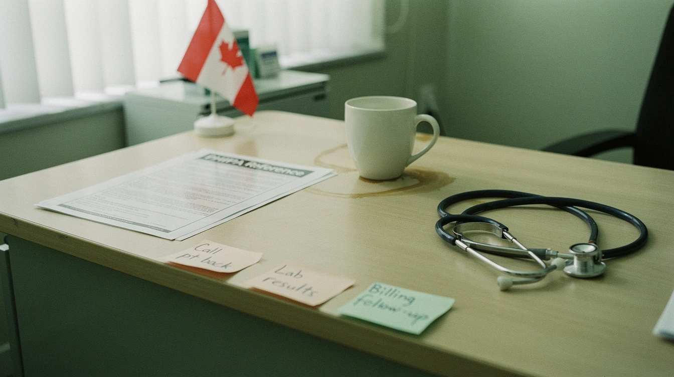 A Canadian healthcare clinic back-office desk with a printed PHIPA reference document a coffee mug a stethoscope on the desk and a small Canadian flag