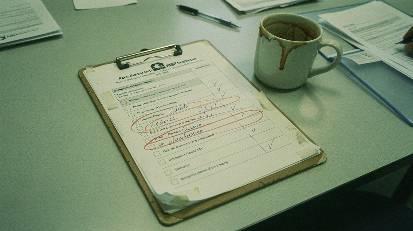 A printed healthcare MSP evaluation worksheet clipped to a clipboard on a Canadian clinic conference table with handwritten checkmarks and a coffee mug
