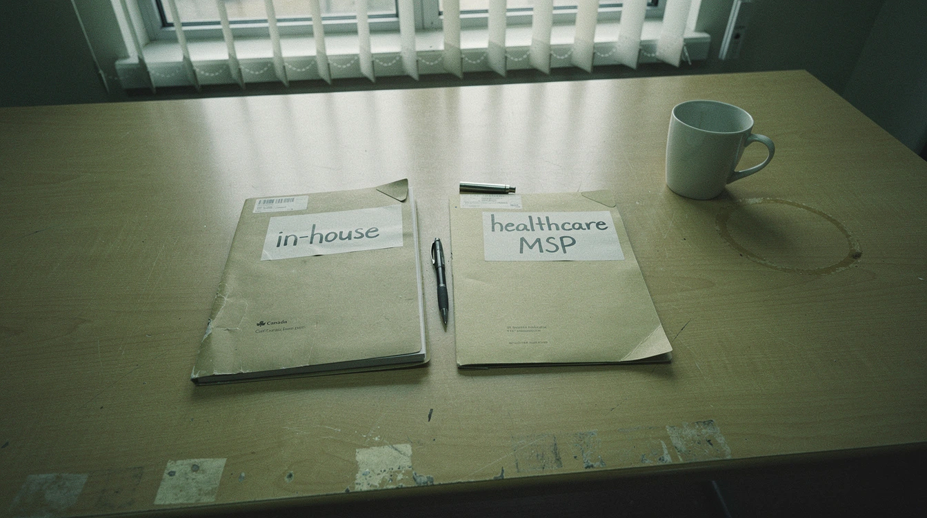 Two manila folders labelled in-house and healthcare MSP on a Canadian clinic conference table with a black pen between them and a coffee mug with a ring stain