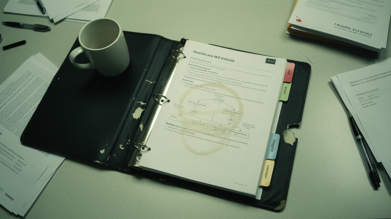 A printed healthcare MSP runbook in a binder open on a Canadian clinic conference table with tabs labelled by service area and a coffee mug