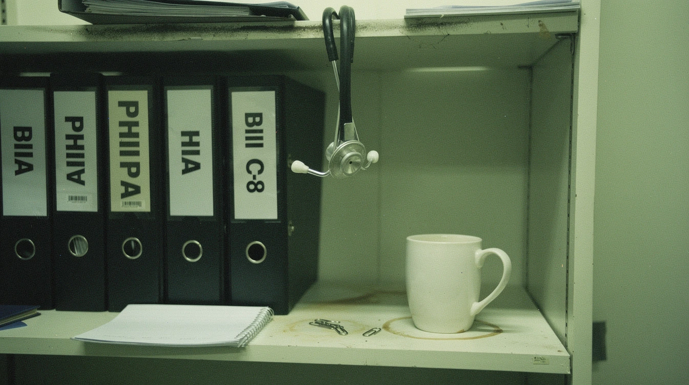 A Canadian healthcare-clinic office shelf with a row of black binders labelled PHIPA HIA Bill C-8 along the spines and a stethoscope draped over one