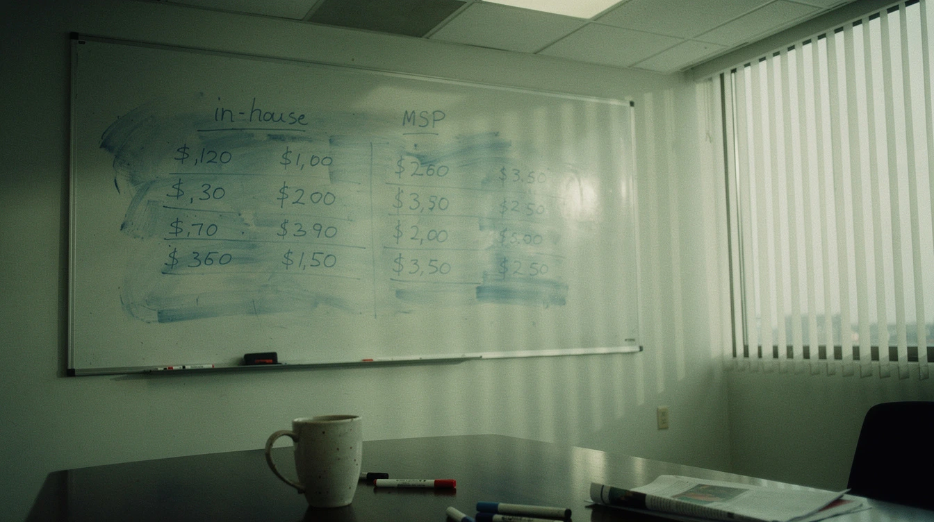A whiteboard in a Canadian boardroom with hand-written columns labelled in-house and MSP in blue marker, with half-erased dollar figures and a coffee mug at the table edge