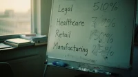 A Canadian meeting-room whiteboard with industry verticals listed in a column Legal Healthcare Retail Manufacturing and percentage figures handwritten beside them