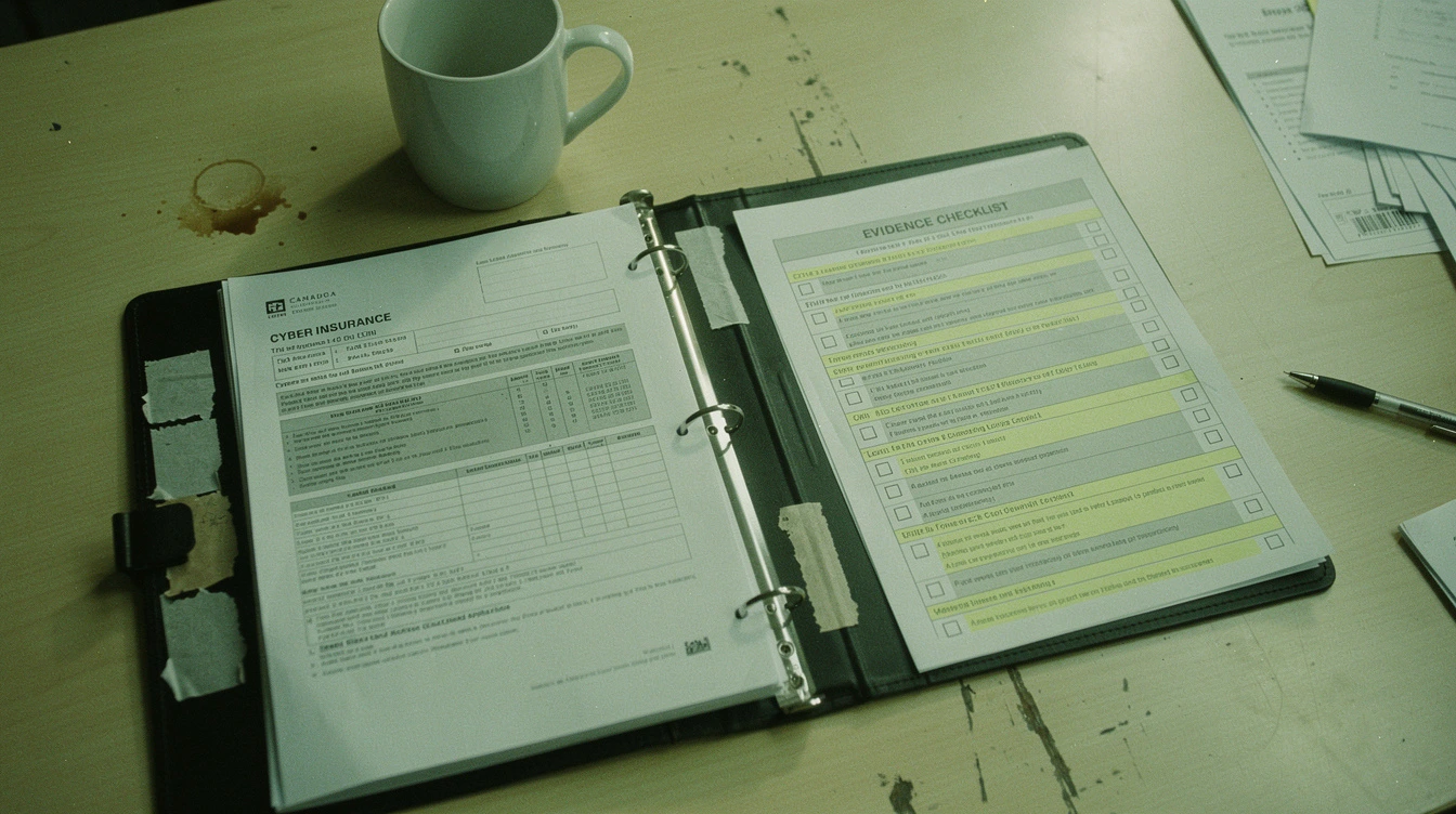 A printed cyber insurance application open in a binder on a Canadian conference table beside a printed evidence checklist with rows highlighted