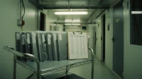 A row of new business laptops on a Canadian office cart still in protective sleeves beside a printed asset-tracking spreadsheet on a clipboard