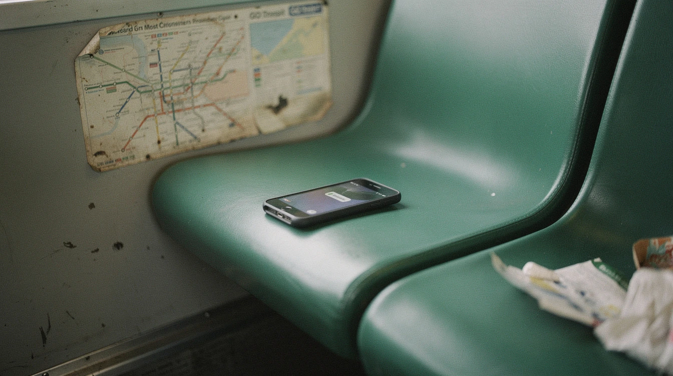 A single corporate smartphone left on a Canadian commuter train seat with a faded transit-map background and a notification badge visible on the lock screen