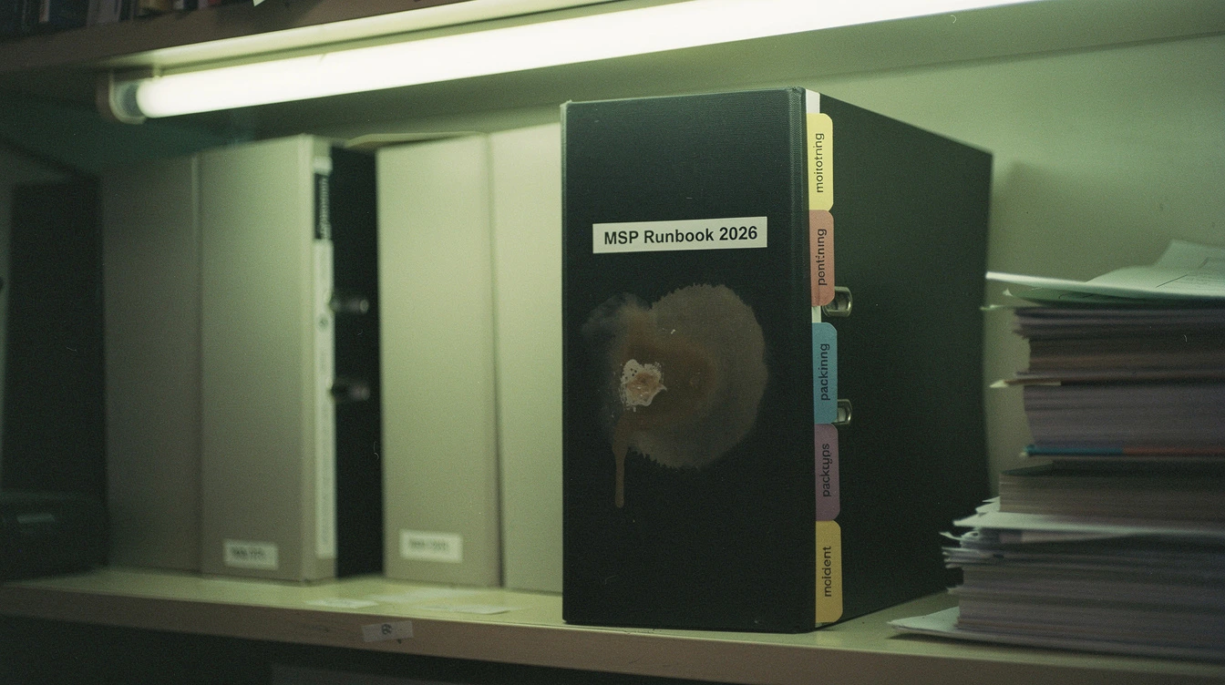 A printed managed services runbook in a binder on a Canadian office shelf with tabs for monitoring patching backups and a coffee ring on the cover