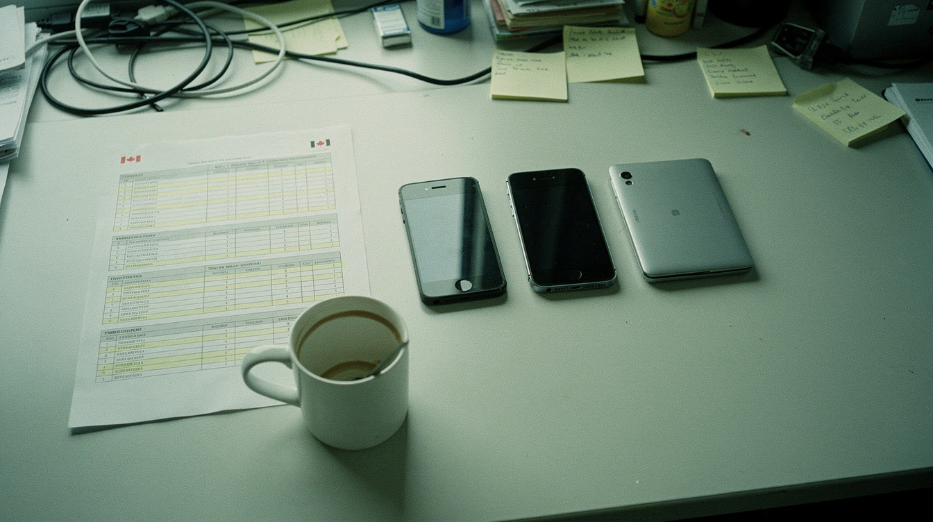 A Canadian small office desk with three corporate-issued smartphones and a laptop arranged in a row beside a printed device-inventory spreadsheet