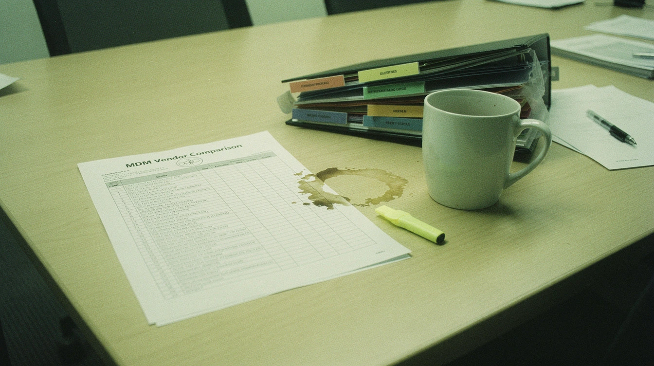 A printed MDM vendor comparison spreadsheet on a Canadian meeting-room table beside a binder with tabs labelled by vendor and a coffee mug