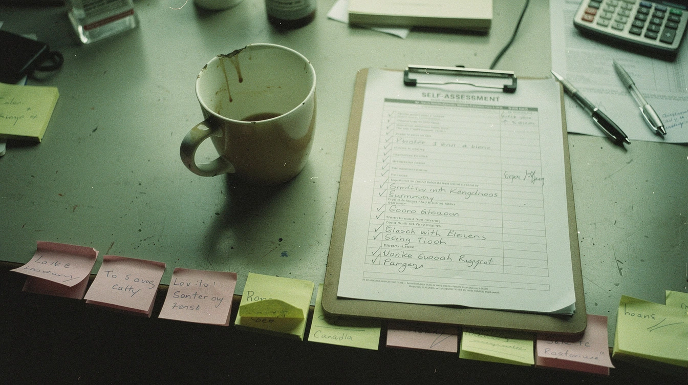 A printed MDM self-assessment clipboard on a Canadian small-business owner desk beside a half-drunk coffee mug and a row of post-it notes