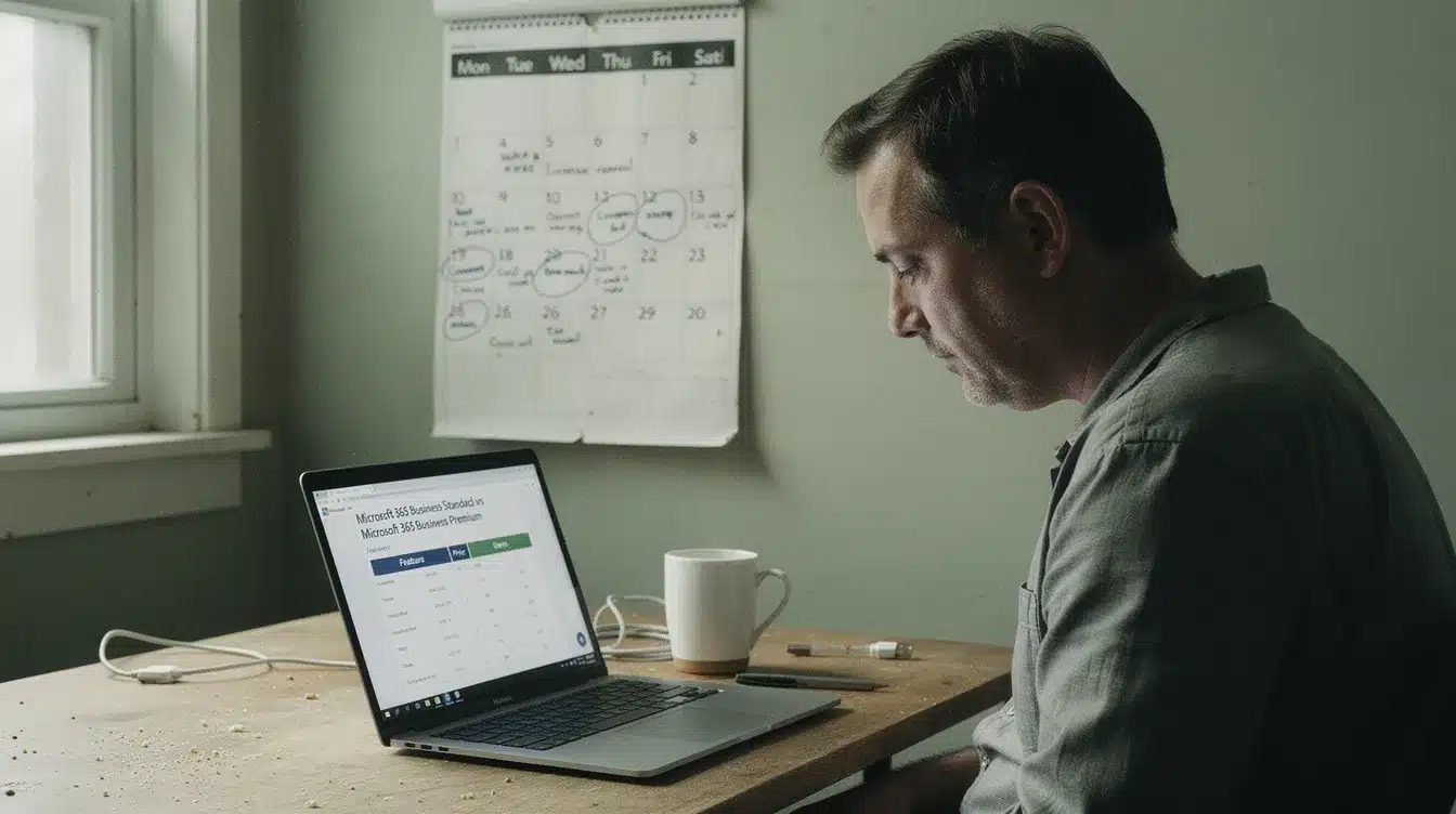 Canadian small-business owner reviewing Microsoft 365 Copilot licensing options on a laptop next to a paper calendar with dates circled, natural window light in a plain home office