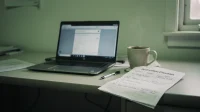 A small-business office laptop powered back on Monday morning showing a non-readable login screen beside a coffee mug and a printed restoration checklist