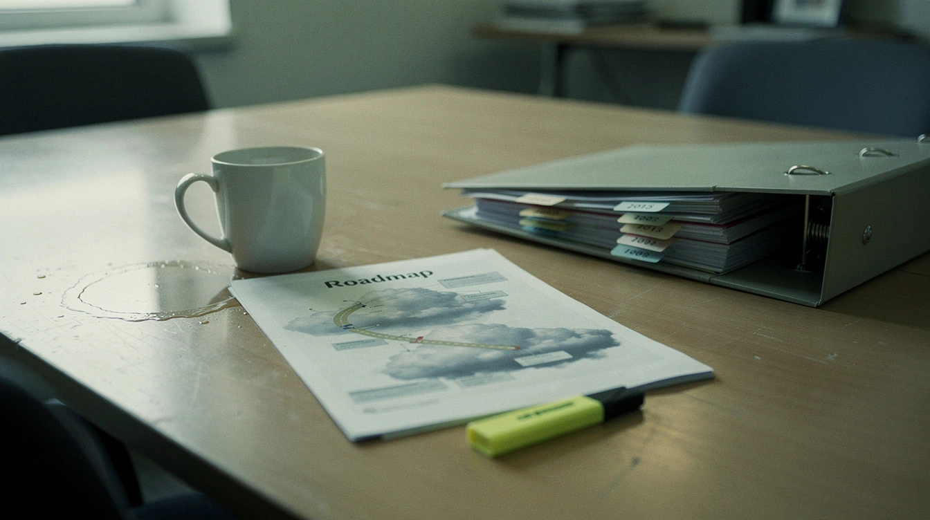 A printed cloud roadmap document open on a Canadian conference table beside a binder with tabs and a coffee mug leaving a ring