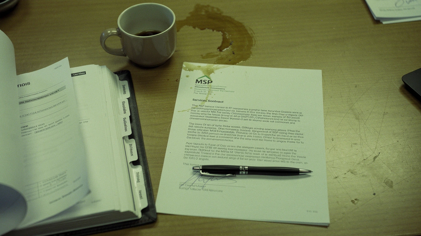 A printed managed IT services contract on a wood meeting-room table with a pen resting across the signature line and a binder of vendor proposals open beside it