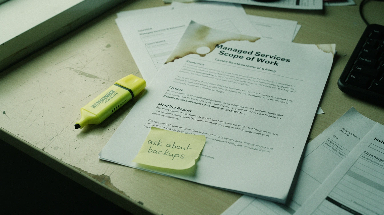 A printed managed-services scope-of-work document on a Canadian small-business owner’s desk with a coffee ring, highlighter, and a torn sticky note reading ask about backups
