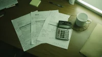 Three printed vendor quotes fanned out on a Canadian meeting-room table with handwritten margin notes and a calculator beside them
