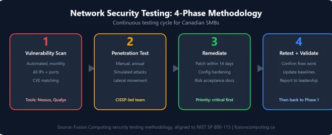 Four-phase network security testing methodology: Phase 1 automated vulnerability scanning monthly, Phase 2 manual penetration testing annually, Phase 3 remediation and patching within 14 days, Phase 4 retest and validate fixes