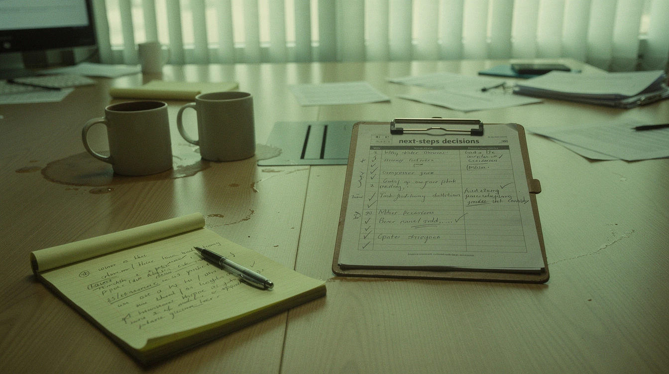 A printed next-steps decisions worksheet clipped to a clipboard on a Canadian boardroom table beside two empty coffee mugs and a yellow legal pad