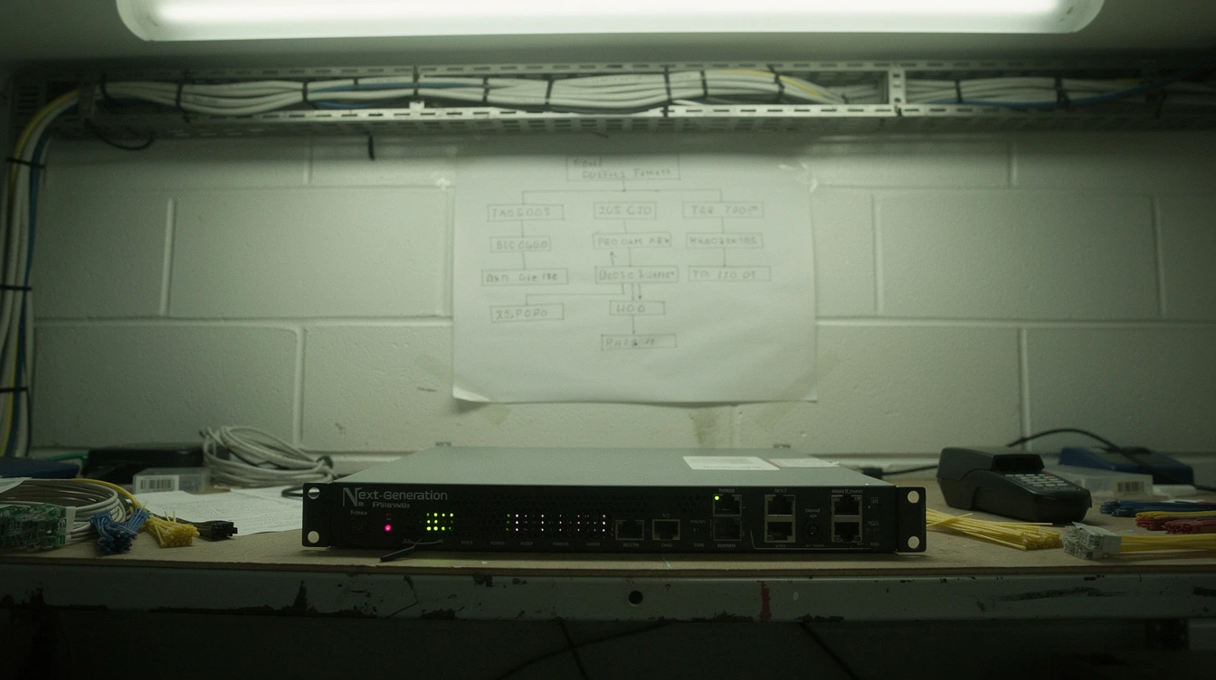 A new rack-mount next-generation firewall on a Canadian server-room shelf with the front bezel visible and a paper port-map taped to the wall behind