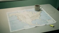 A printed map of North American MSP partner offices on a Canadian conference table with several cities circled in red pen and a coffee mug