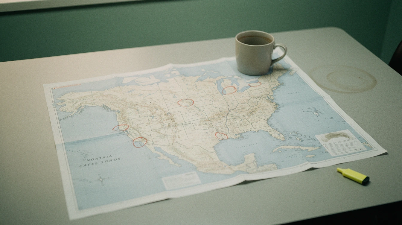 A printed map of North American MSP partner offices on a Canadian conference table with several cities circled in red pen and a coffee mug