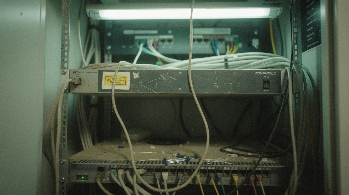 An old rack-mount firewall with a yellow end-of-life support sticker visible on the front bezel in a Canadian small office server closet