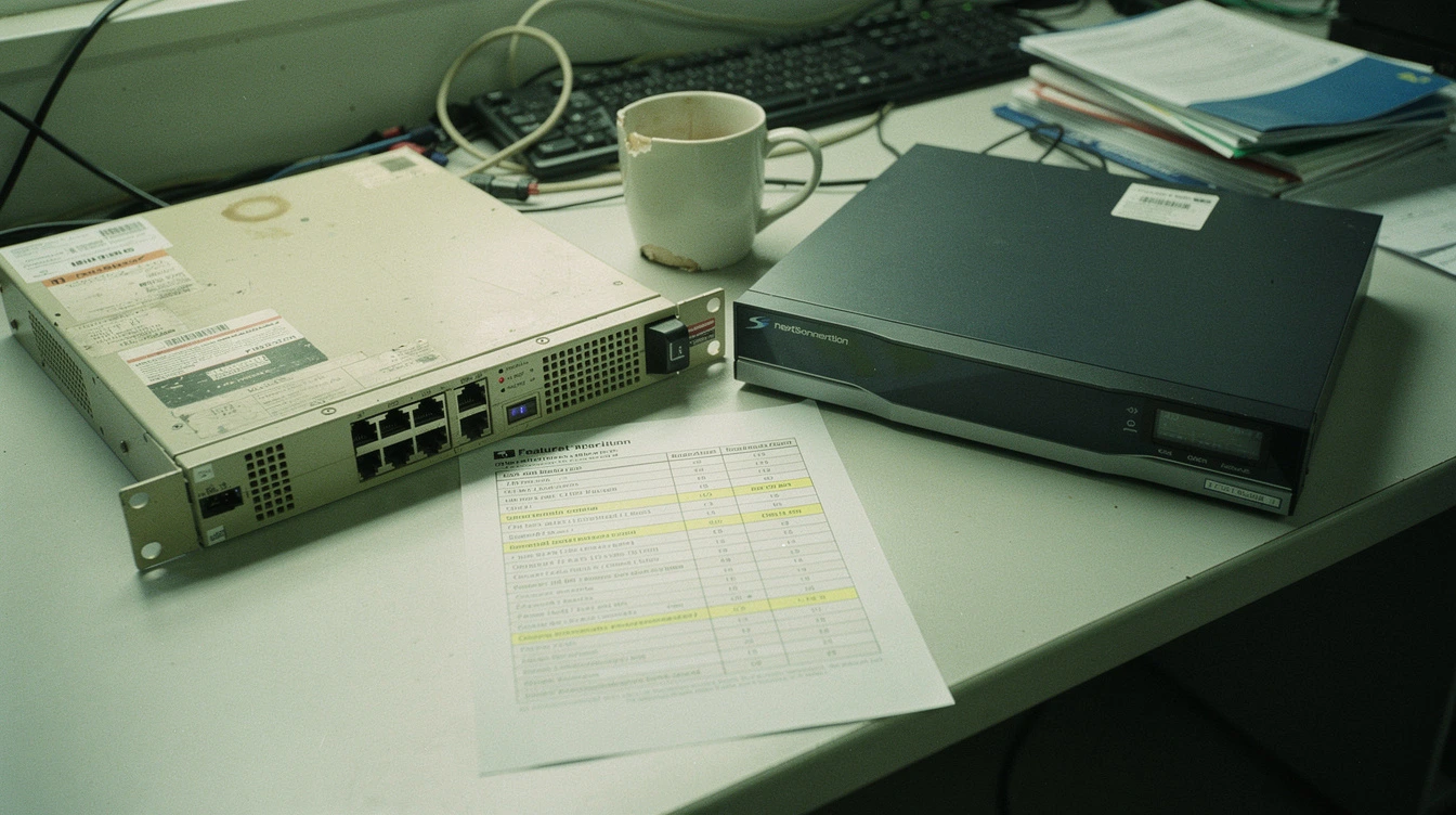 An old 1U firewall and a new next-generation firewall side by side on a Canadian IT-office workbench with a printed comparison sheet between them