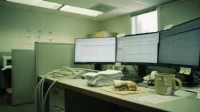 A Canadian construction-firm IT-office desk with three monitors a stack of unanswered tickets a half-eaten sandwich and a coffee mug suggesting overload
