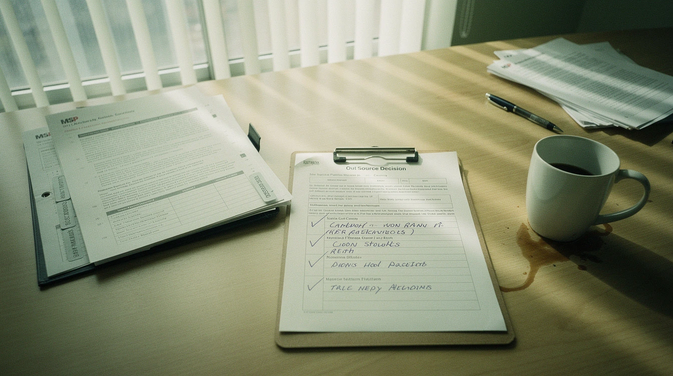 A printed outsource decision worksheet clipped to a clipboard on a Canadian boardroom table beside a binder of MSP proposals and a coffee mug