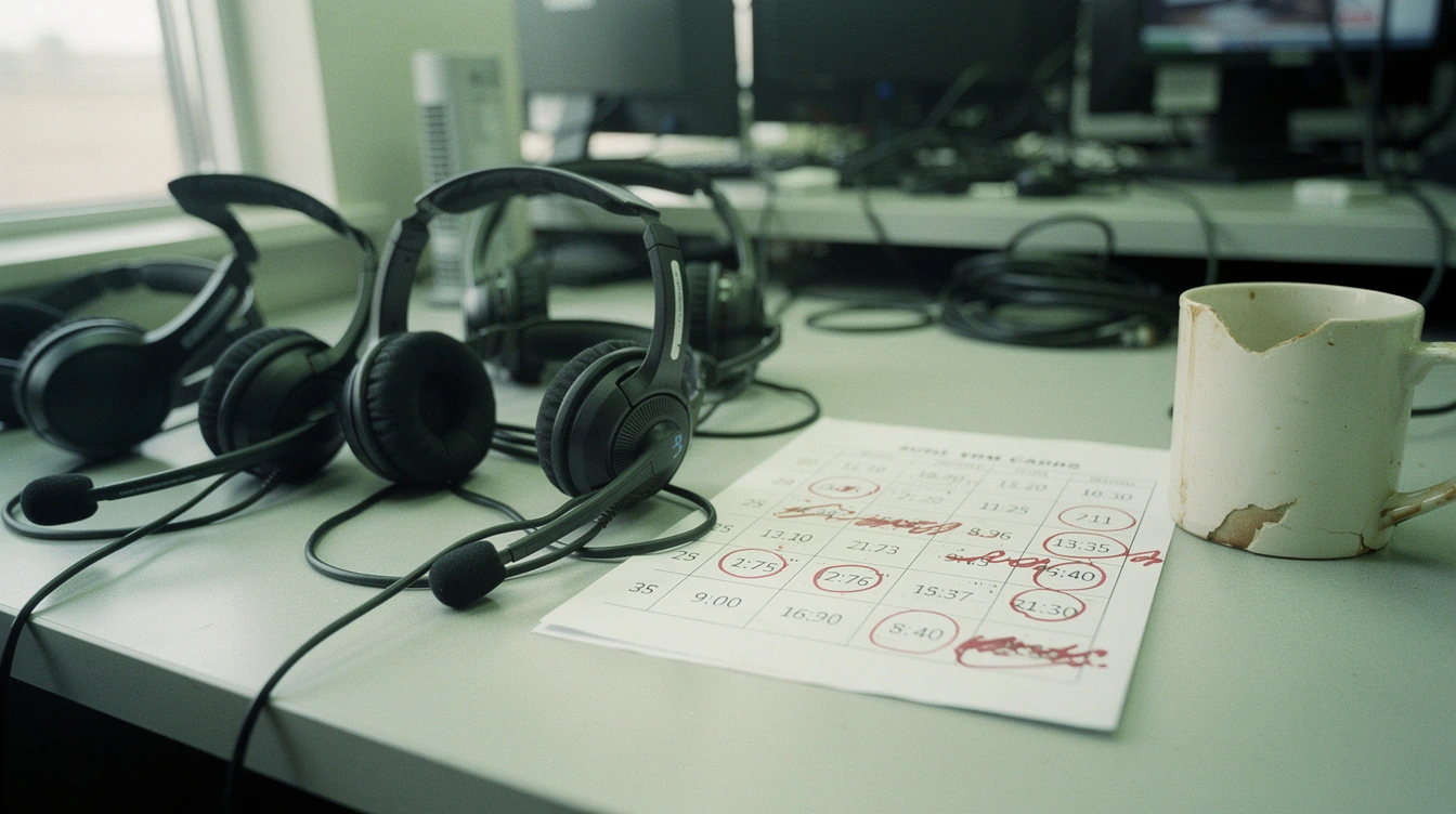 A row of help desk agent headsets on a Canadian IT-office bench beside a printed shift schedule with handwritten coverage gaps in red pen