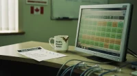 A Canadian IT-office monitor angled away showing a non-readable patch management dashboard beside a printed patch checklist and a coffee mug