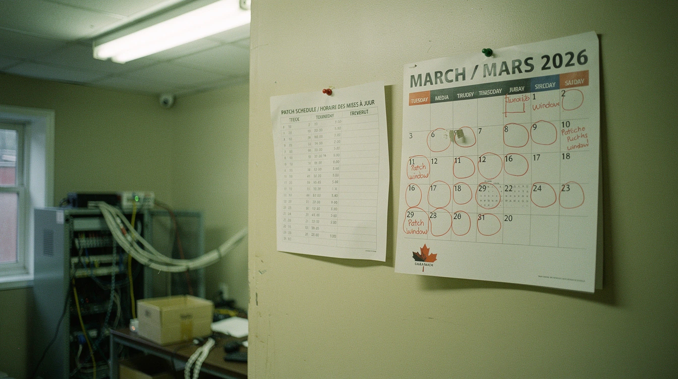 A wall calendar in a Canadian server room with patch windows circled in red pen and a printed patch-schedule sheet pinned beside it