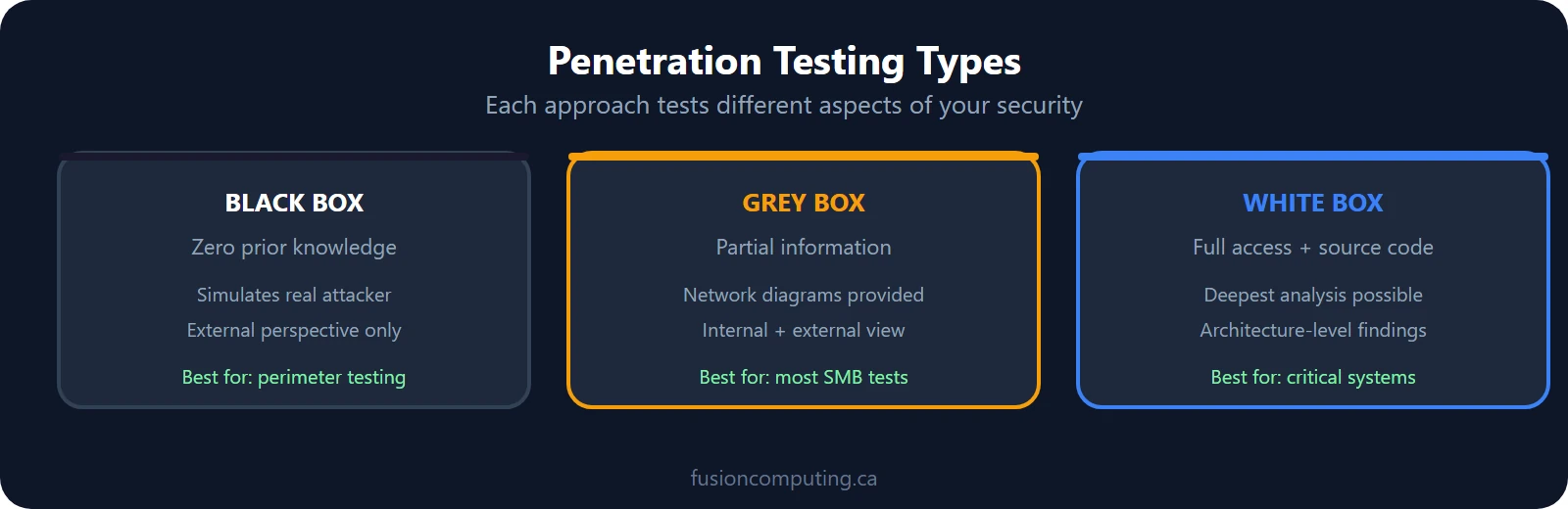 Three types of penetration testing: black box with no prior knowledge, grey box with partial info, white box with full access