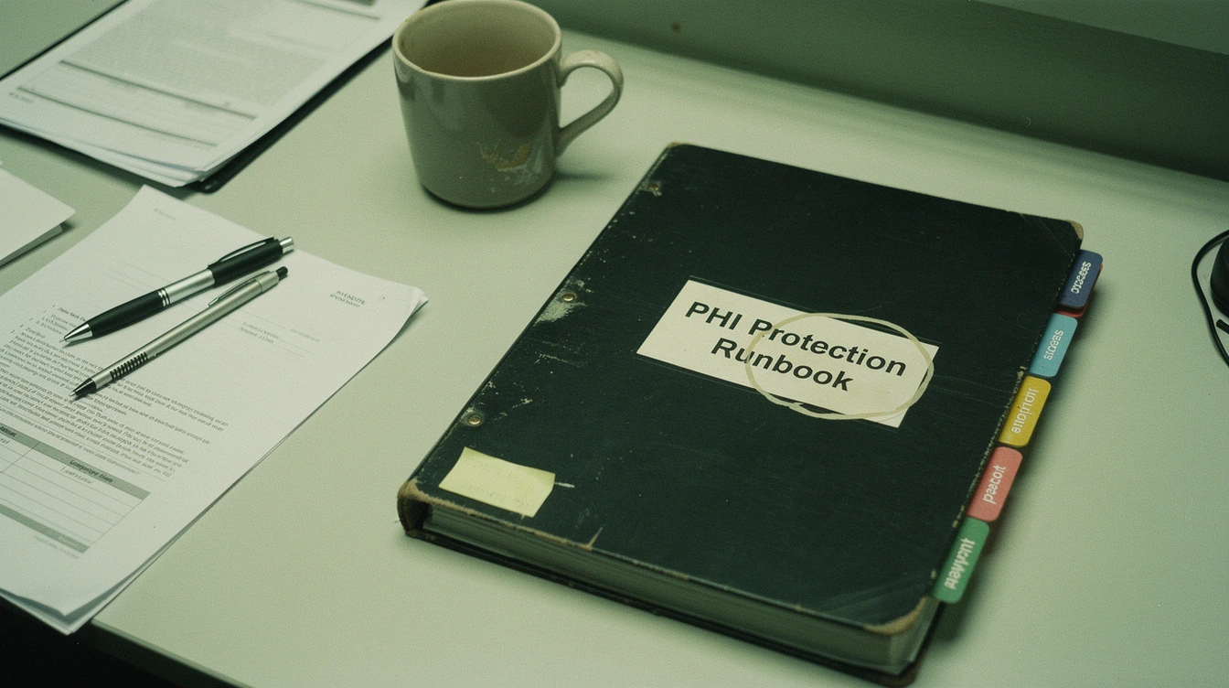 A black binder labelled PHI protection runbook open on a Canadian healthcare-clinic conference table with tabs labelled by control area and a coffee mug