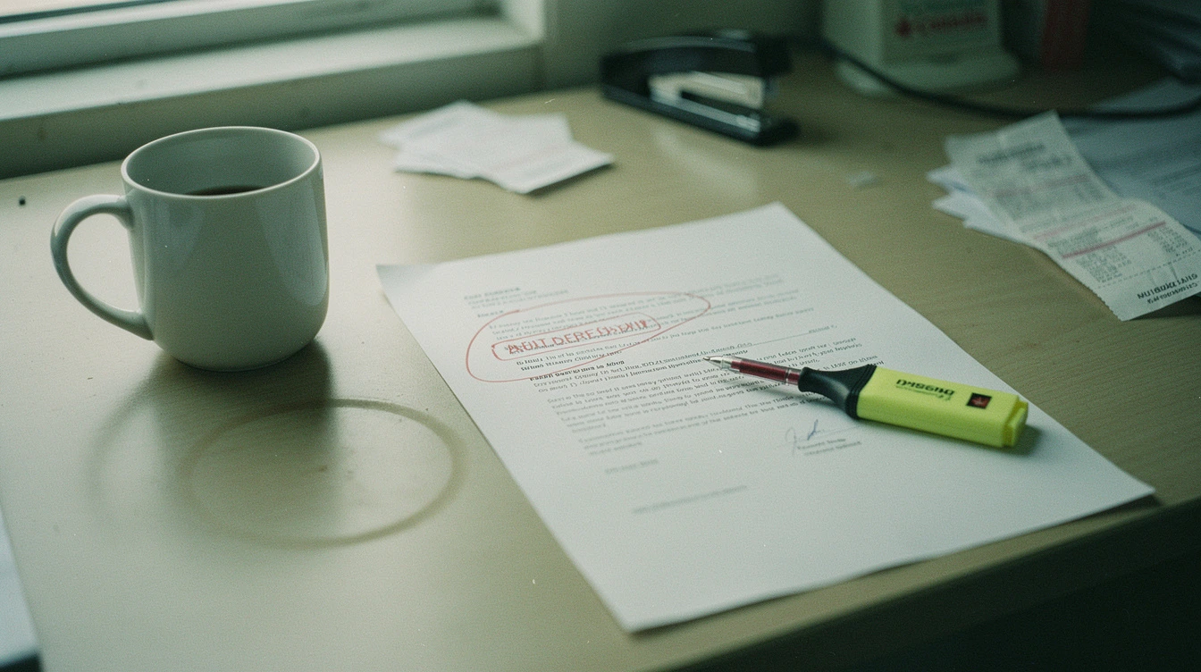 A printed phishing email on a Canadian small-business owner desk with red-pen circles around the sender address and the suspicious URL beside a coffee mug