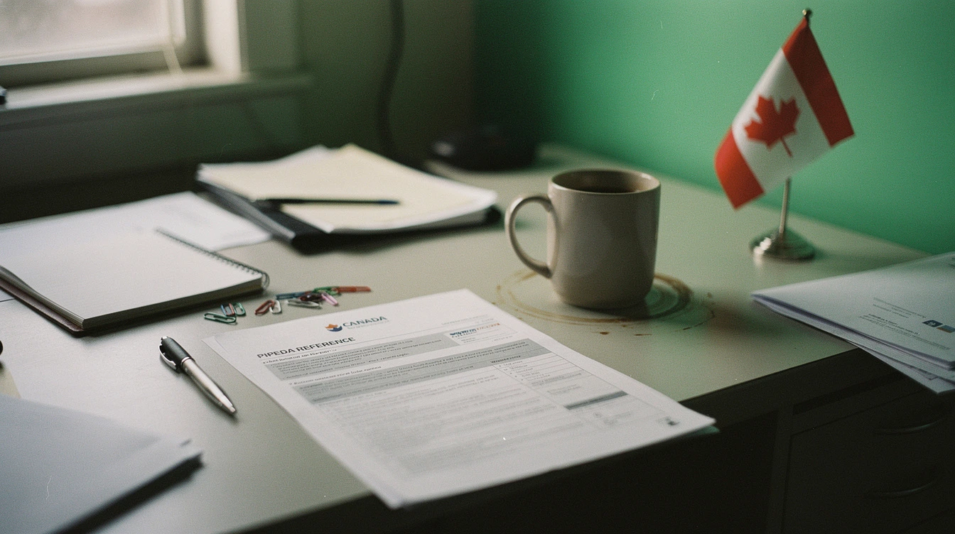 A printed PIPEDA reference document on a Canadian small-business owner desk beside a small Canadian flag on a stand and a coffee mug