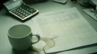 A printed predictable IT budget spreadsheet on a Canadian small-business owner desk with monthly fixed-cost rows highlighted and a coffee mug