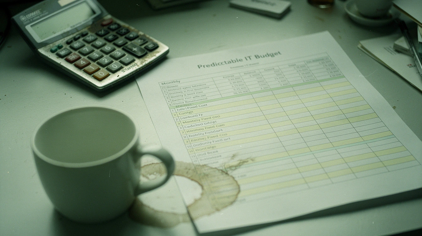 A printed predictable IT budget spreadsheet on a Canadian small-business owner desk with monthly fixed-cost rows highlighted and a coffee mug