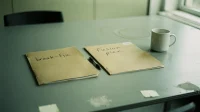 Two manila folders labelled break-fix and Fusion plan on a Canadian conference table with a black pen between them and a coffee mug with a ring