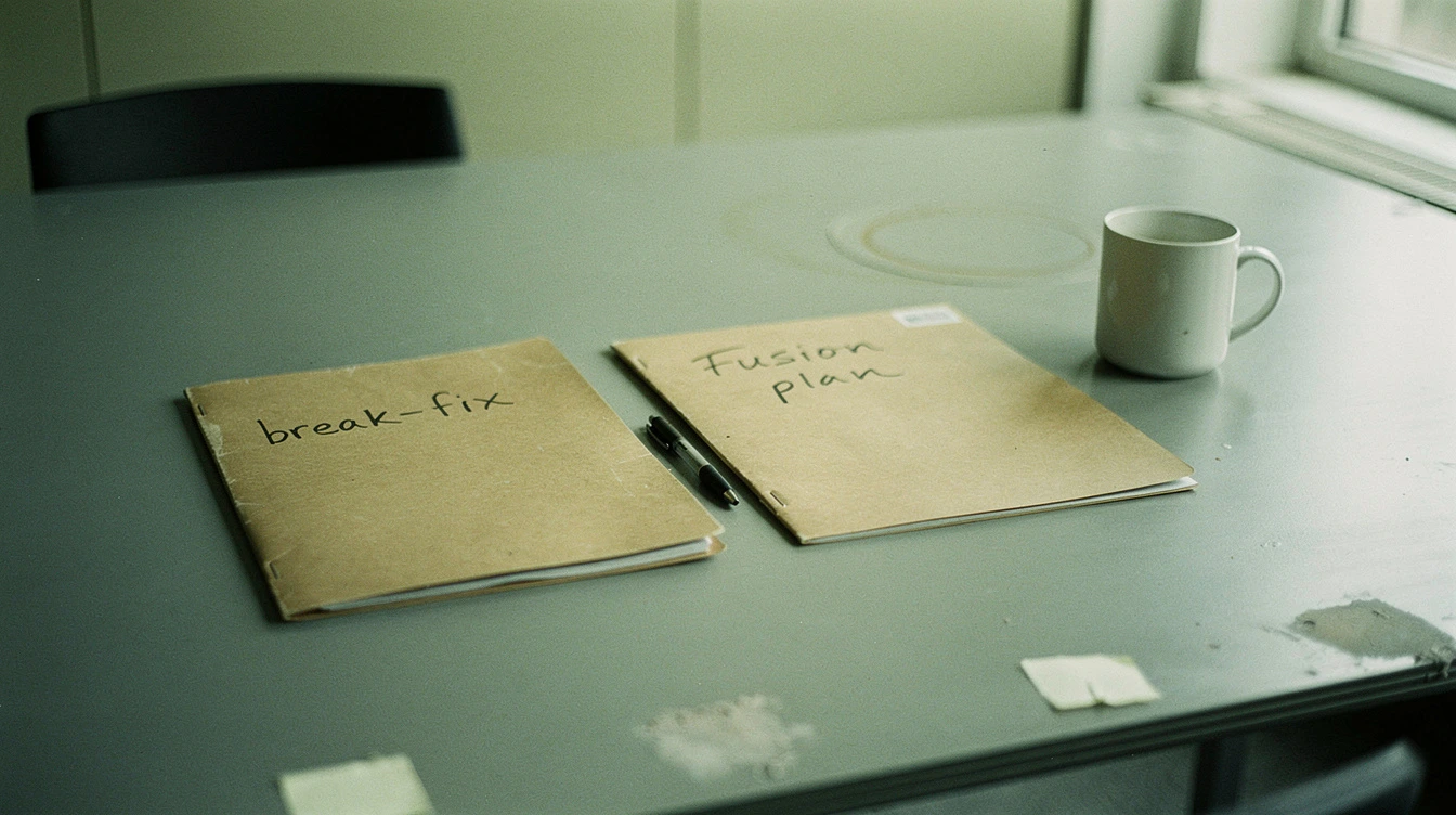 Two manila folders labelled break-fix and Fusion plan on a Canadian conference table with a black pen between them and a coffee mug with a ring