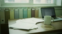 A stack of printed IT purchase orders on a Canadian small-business owner desk beside an open laptop angled away from camera and a coffee mug
