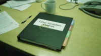 A binder labelled cyber vandalism controls on a Canadian conference table with tabs for monitoring backups WAF and incident response beside a coffee mug
